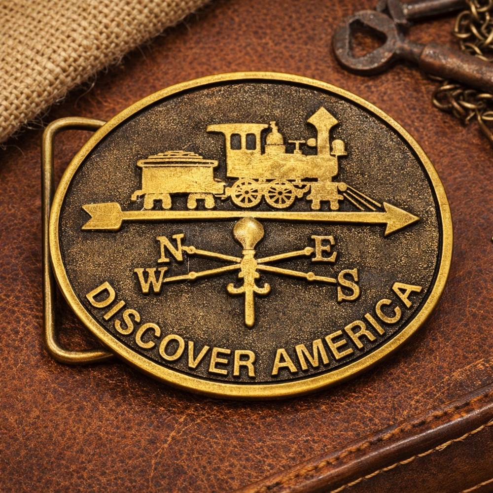 Discover America Brass Train Compass Belt Buckle - Vintage Dezy Denver